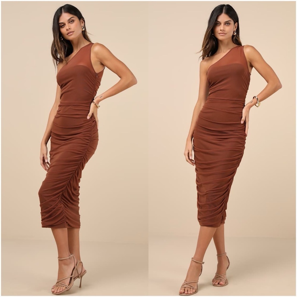 LULU’S Kiden Brown Mesh Ruched One Shoulder Midi Dress